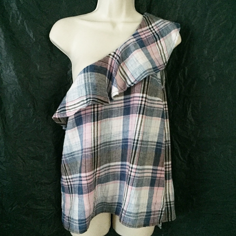 Cloth & Stone Plaid Ruffle One Shoulder Top